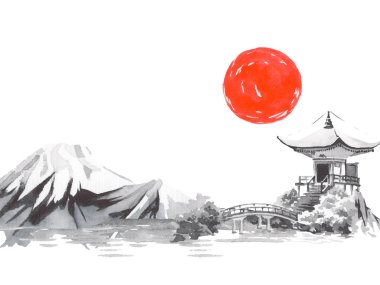 Geleneksel Japon sumi tablosu. Fuji dağı, sakura, gün batımı. Japon güneşi. Hint mürekkebi çizimi. Japonca resim.