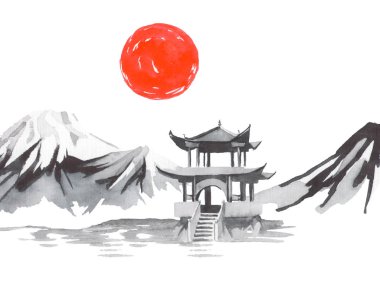 Geleneksel Japon sumi tablosu. Fuji dağı, sakura, gün batımı. Japon güneşi. Hint mürekkebi çizimi. Japonca resim.