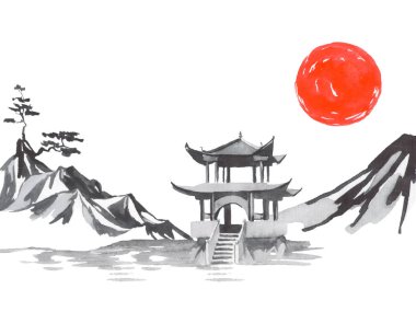 Geleneksel Japon sumi tablosu. Fuji dağı, sakura, gün batımı. Japon güneşi. Hint mürekkebi çizimi. Japonca resim.