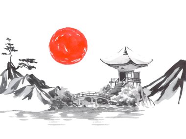 Geleneksel Japon sumi tablosu. Fuji dağı, sakura, gün batımı. Japon güneşi. Hint mürekkebi çizimi. Japonca resim.