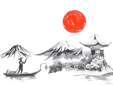 Geleneksel Japon sumi tablosu. Fuji dağı, sakura, gün batımı. Japon güneşi. Hint mürekkebi çizimi. Japonca resim.