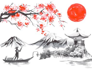Geleneksel Japon sumi tablosu. Fuji dağı, sakura, gün batımı. Japon güneşi. Hint mürekkebi çizimi. Japonca resim.