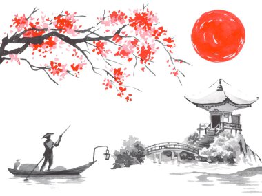 Geleneksel Japon sumi tablosu. Fuji dağı, sakura, gün batımı. Japon güneşi. Hint mürekkebi çizimi. Japonca resim.