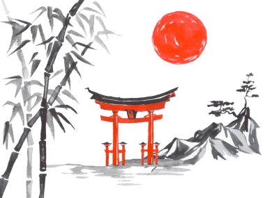 Geleneksel Japon sumi tablosu. Fuji dağı, sakura, gün batımı. Japon güneşi. Hint mürekkebi çizimi. Japonca resim.