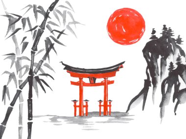 Geleneksel Japon sumi tablosu. Fuji dağı, sakura, gün batımı. Japon güneşi. Hint mürekkebi çizimi. Japonca resim.