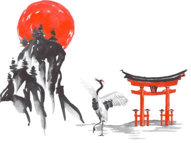 Geleneksel Japon sumi tablosu. Fuji dağı, sakura, gün batımı. Japon güneşi. Hint mürekkebi çizimi. Japonca resim.