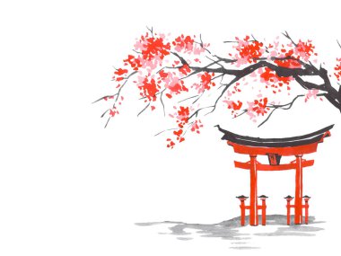 Geleneksel Japon sumi tablosu. Fuji dağı, sakura, gün batımı. Japon güneşi. Hint mürekkebi çizimi. Japonca resim.