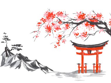 Geleneksel Japon sumi tablosu. Fuji dağı, sakura, gün batımı. Japon güneşi. Hint mürekkebi çizimi. Japonca resim.