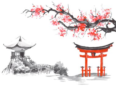 Geleneksel Japon sumi tablosu. Fuji dağı, sakura, gün batımı. Japon güneşi. Hint mürekkebi çizimi. Japonca resim.