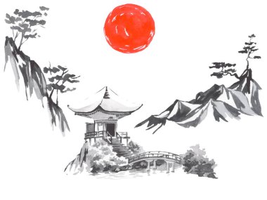 Geleneksel Japon sumi tablosu. Fuji dağı, sakura, gün batımı. Japon güneşi. Hint mürekkebi çizimi. Japonca resim.