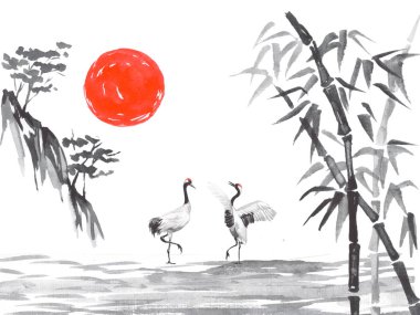 Geleneksel Japon sumi tablosu. Fuji dağı, sakura, gün batımı. Japon güneşi. Hint mürekkebi çizimi. Japonca resim.