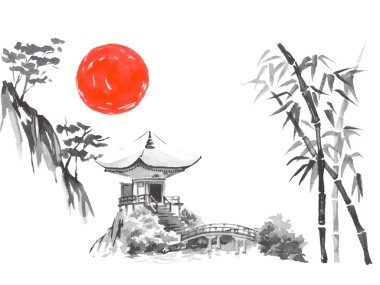 Geleneksel Japon sumi tablosu. Fuji dağı, sakura, gün batımı. Japon güneşi. Hint mürekkebi çizimi. Japonca resim.