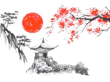 Geleneksel Japon sumi tablosu. Fuji dağı, sakura, gün batımı. Japon güneşi. Hint mürekkebi çizimi. Japonca resim.