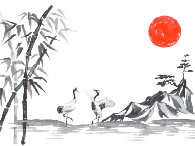 Geleneksel Japon sumi tablosu. Fuji dağı, sakura, gün batımı. Japon güneşi. Hint mürekkebi çizimi. Japonca resim.