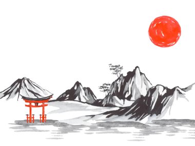 Geleneksel Japon sumi tablosu. Fuji dağı, sakura, gün batımı. Japon güneşi. Hint mürekkebi çizimi. Japonca resim.