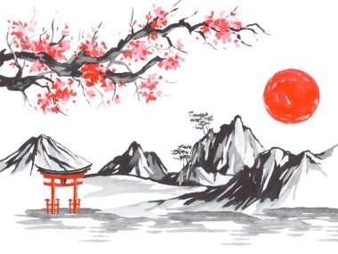 Geleneksel Japon sumi tablosu. Fuji dağı, sakura, gün batımı. Japon güneşi. Hint mürekkebi çizimi. Japonca resim.