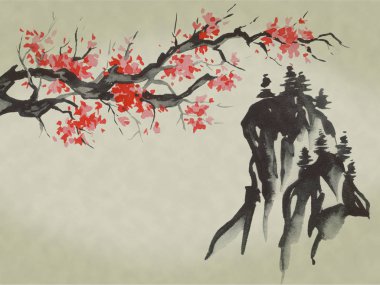 Japonya geleneksel sumi-e boyama. Suluboya ve mürekkep çizim stili sumi-e, u-sin. Fuji Dağı, sakura, günbatımı. Japonya güneş. Hint mürekkebi çizimde. Japon resim.