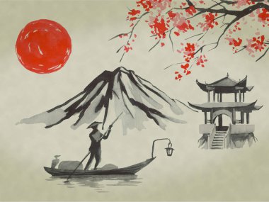 Japonya geleneksel sumi-e boyama. Suluboya ve mürekkep çizim stili sumi-e, u-sin. Fuji Dağı, sakura, günbatımı. Japonya güneş. Hint mürekkebi çizimde. Japon resim.