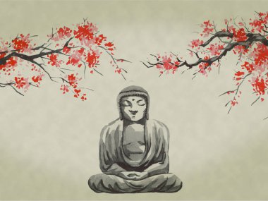 Japonya geleneksel sumi-e boyama. Suluboya ve mürekkep çizim stili sumi-e, u-sin. Fuji Dağı, sakura, günbatımı. Japonya güneş. Hint mürekkebi çizimde. Japon resim.