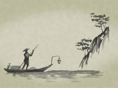 Japonya geleneksel sumi-e boyama. Suluboya ve mürekkep çizim stili sumi-e, u-sin. Fuji Dağı, sakura, günbatımı. Japonya güneş. Hint mürekkebi çizimde. Japon resim.