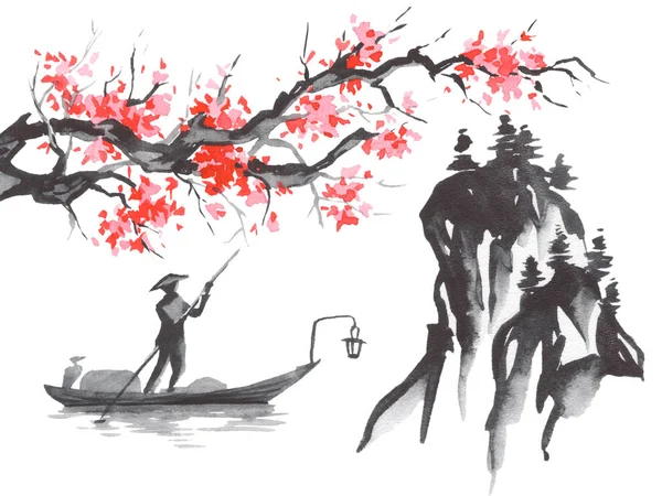 Japan traditional sumi-e painting. Fuji mountain, sakura, sunset. Japan sun. Indian ink illustration. Japanese picture.