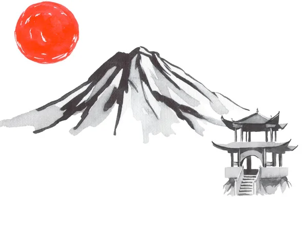 Japanische traditionelle Sumi-e-Malerei. Fuji-Berg, Sakura, Sonnenuntergang. Japans Sonne. Tuscheillustration. Japanisches Bild. — Stockfoto