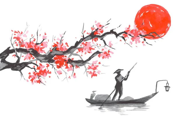 Giappone tradizionale pittura sumi-e. Montagna Fuji, sakura, tramonto. Sole giapponese. Illustrazione inchiostro indiano. Immagine giapponese. — Foto Stock