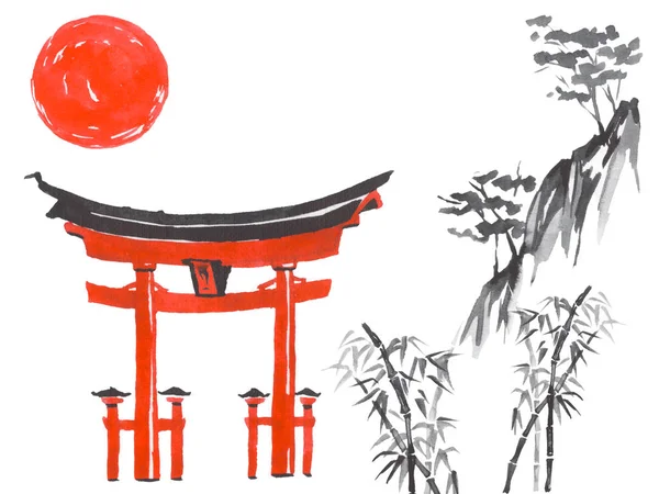 Ιαπωνία παραδοσιακή ζωγραφική sumi-e. Φούτζι Μάουντεν, Σακούρα, Σάνσετ. Ιαπωνικό ήλιο. Ινδική απεικόνιση μελάνι. Ιαπωνική εικόνα. — Φωτογραφία Αρχείου