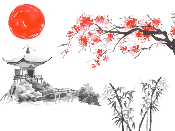 Japan traditional sumi-e painting. Fuji mountain, sakura, sunset. Japan sun. Indian ink illustration. Japanese picture.