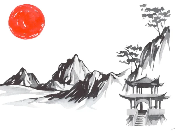 Japan traditional sumi-e painting. Fuji mountain, sakura, sunset. Japan sun. Indian ink illustration. Japanese picture.