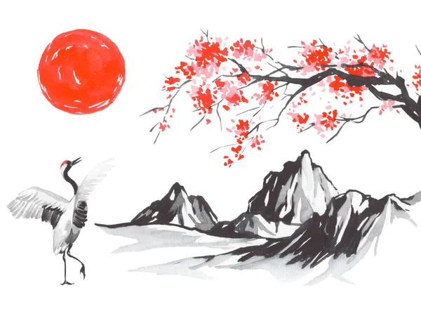 Japan traditionele sumi-e schilderij. Fuji berg, sakura, zonsondergang. Japanse zon. Indische inkt illustratie. Japanse foto. — Stockfoto