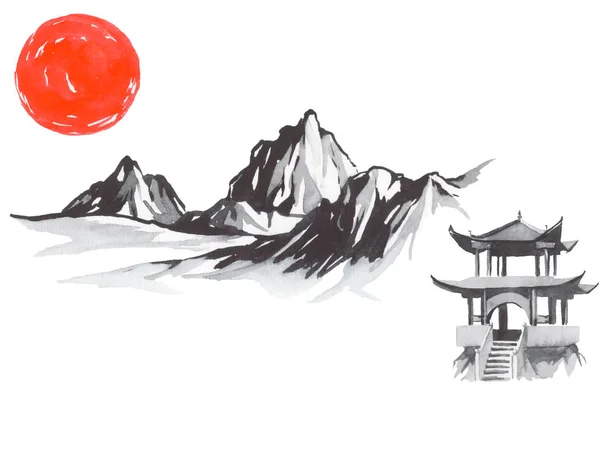 Japan traditional sumi-e painting. Fuji mountain, sakura, sunset. Japan sun. Indian ink illustration. Japanese picture. — Stock Photo, Image