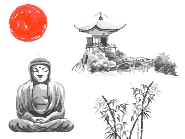 Japan traditional sumi-e painting. Fuji mountain, sakura, sunset. Japan sun. Indian ink illustration. Japanese picture.