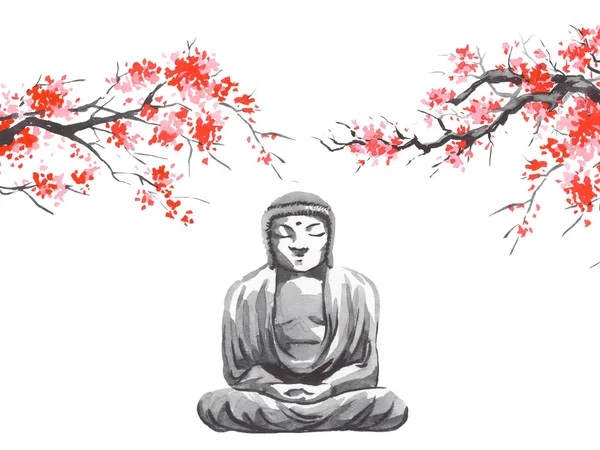 Geleneksel Japon sumi tablosu. Fuji dağı, sakura, gün batımı. Japon güneşi. Hint mürekkebi çizimi. Japonca resim.