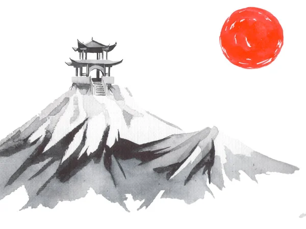 Japan traditional sumi-e painting. Fuji mountain, sakura, sunset. Japan sun. Indian ink illustration. Japanese picture.