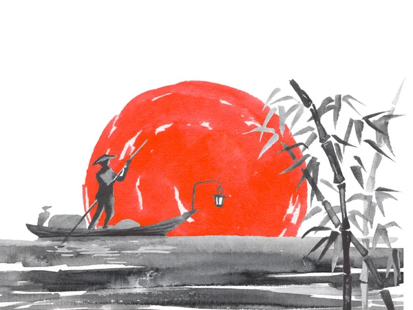 Japan traditional sumi-e painting. Fuji mountain, sakura, sunset. Japan sun. Indian ink illustration. Japanese picture.
