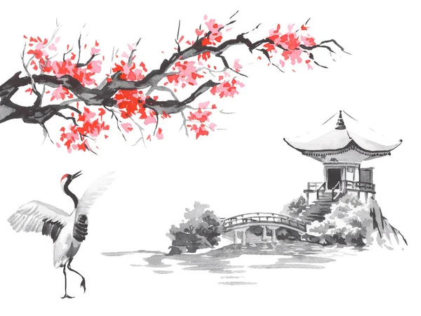 Japan traditional sumi-e painting. Fuji mountain, sakura, sunset. Japan sun. Indian ink illustration. Japanese picture.