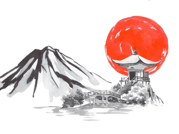 Japonia tradycyjny obraz sumi-e. Góra Fuji, sakura, zachód słońca. Japońskie słońce. Ilustracja tuszu. Japońskie zdjęcie. — Zdjęcie stockowe