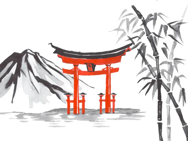 Japan traditional sumi-e painting. Fuji mountain, sakura, sunset. Japan sun. Indian ink illustration. Japanese picture.