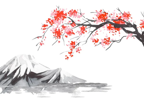 Japón tradicional sumi-e pintura. Montaña Fuji, sakura, puesta de sol. Japón sol. Ilustración de tinta india. Imagen japonesa. —  Fotos de Stock