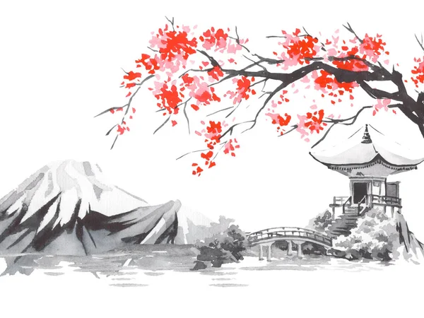 Japan traditional sumi-e painting. Fuji mountain, sakura, sunset. Japan sun. Indian ink illustration. Japanese picture.