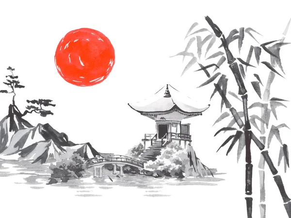 日本传统的相扑绘画。富士山，樱花，日落。日本阳光。印度墨水插图。日本图片. — 图库照片