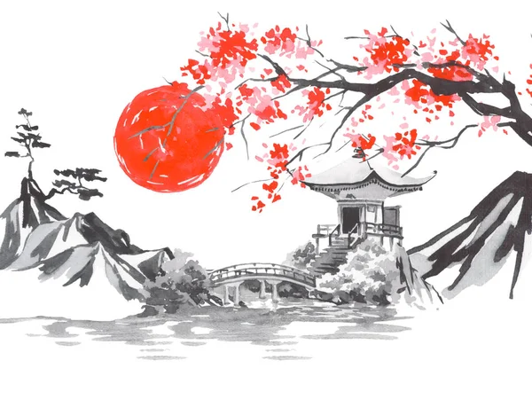 Japón tradicional sumi-e pintura. Montaña Fuji, sakura, puesta de sol. Japón sol. Ilustración de tinta india. Imagen japonesa. — Foto de Stock