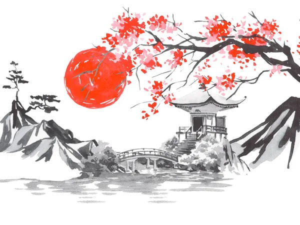 Geleneksel Japon sumi tablosu. Fuji dağı, sakura, gün batımı. Japon güneşi. Hint mürekkebi çizimi. Japonca resim.