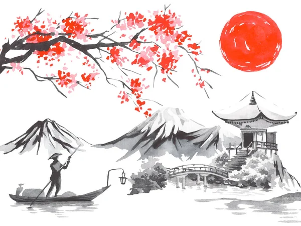 Geleneksel Japon sumi tablosu. Fuji dağı, sakura, gün batımı. Japon güneşi. Hint mürekkebi çizimi. Japonca resim. — Stok fotoğraf
