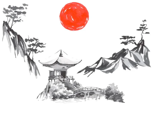 Japan traditional sumi-e painting. Fuji mountain, sakura, sunset. Japan sun. Indian ink illustration. Japanese picture. — Stock Photo, Image