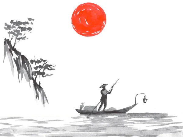 Geleneksel Japon sumi tablosu. Fuji dağı, sakura, gün batımı. Japon güneşi. Hint mürekkebi çizimi. Japonca resim.