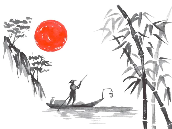 Geleneksel Japon sumi tablosu. Fuji dağı, sakura, gün batımı. Japon güneşi. Hint mürekkebi çizimi. Japonca resim.