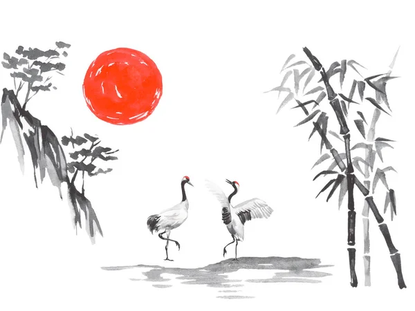 Японська традиційна картина сумі-е. Гора Фудзі, сакура, захід сонця. Японське сонце. Індійський ілюстрації. Японська фотографія. — стокове фото