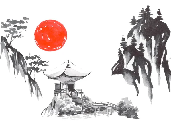 Japan traditional sumi-e painting. Fuji mountain, sakura, sunset. Japan sun. Indian ink illustration. Japanese picture.